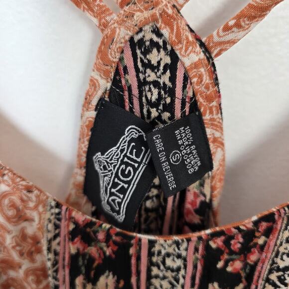 Angie Orange Black Multicolor Floral Boho Hippie Racerback Maxi Dress Size Small - Picture 3 of 6